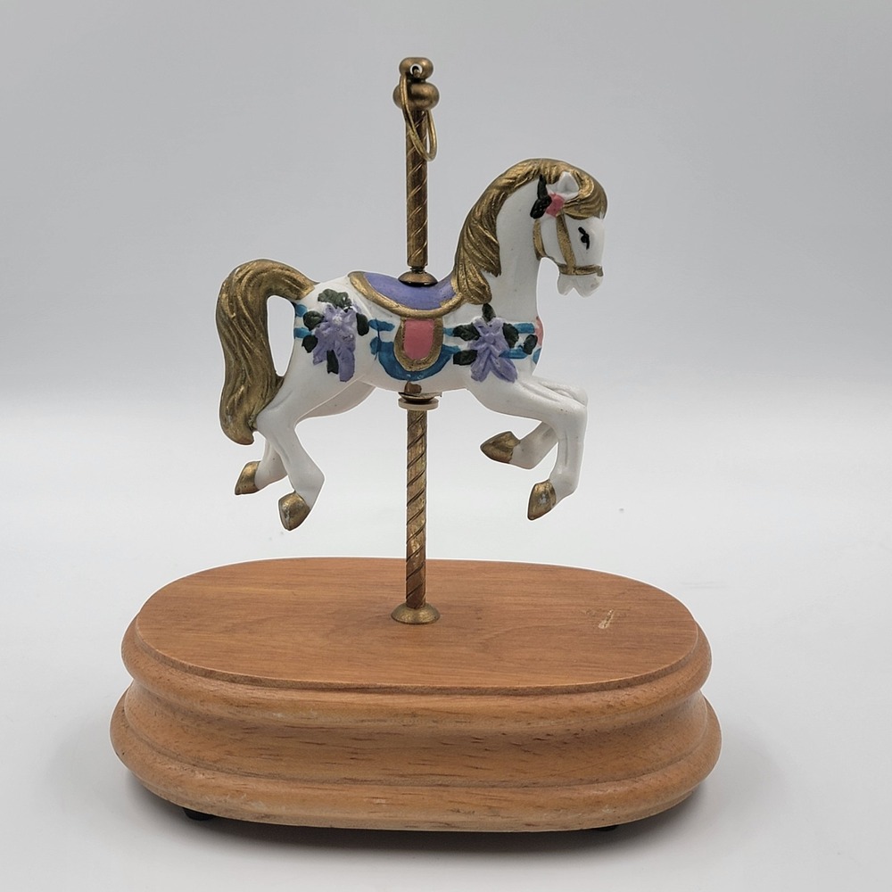 Vintage Carousel Horse Wind Up Music Box Wood Base 1980s 1990s Whimsical